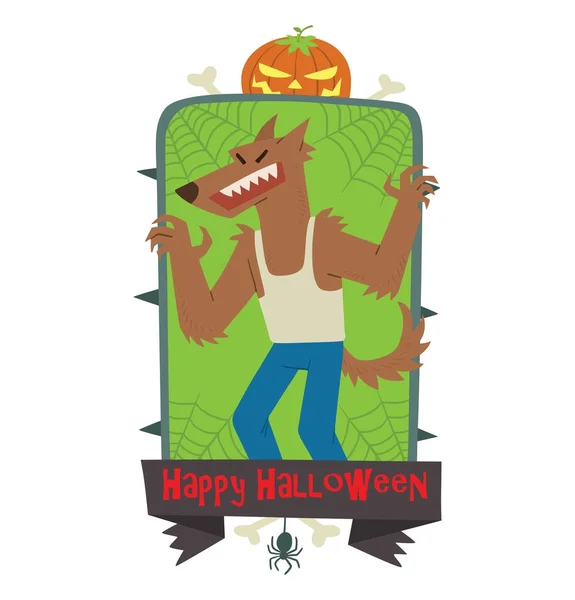 Emblem fröhliches Halloween, lustiger Werwolf, der jemanden erschreckt — Stockvektor
