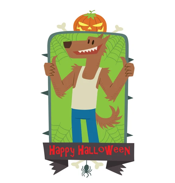 Emblem happy halloween, lustiger Werwolf zeigt Daumen hoch — Stockvektor