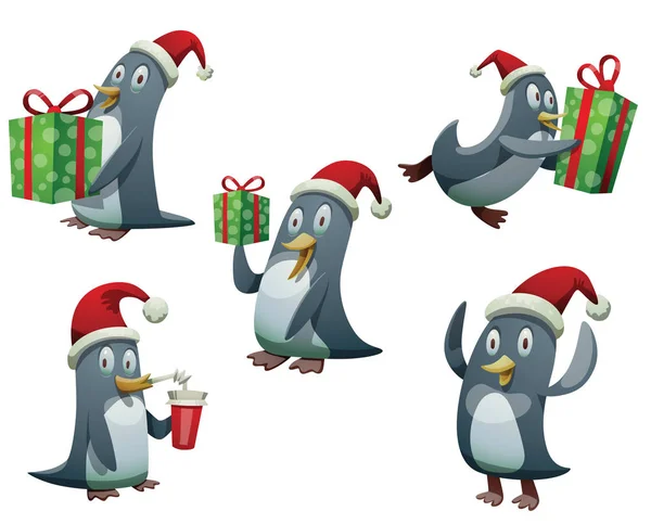 おかしいクリスマスのペンギンのセット — ストックベクタ