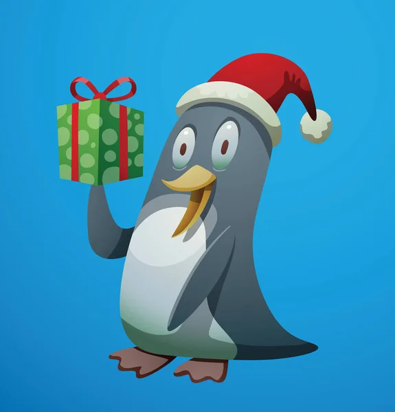 Drôle pingouin de Noël souriant avec un cadeau vert — Image vectorielle