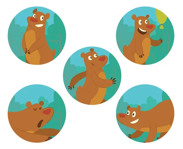 Set of round blue-green frames with cute brown bears — Stock Vector