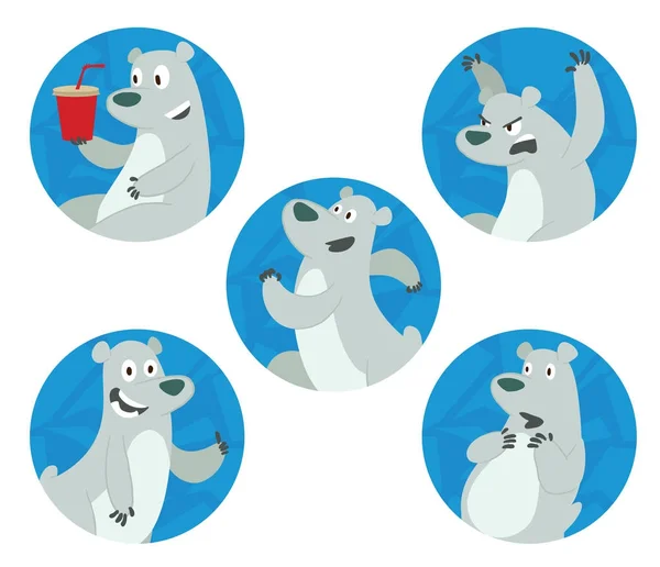 Set of five blue round frames with cute polar bears — Stock Vector