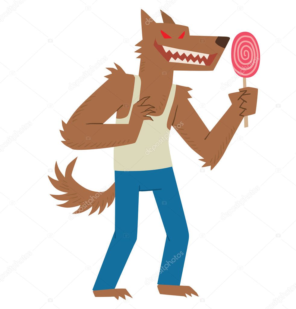 Funny werewolf with a pink lollipop
