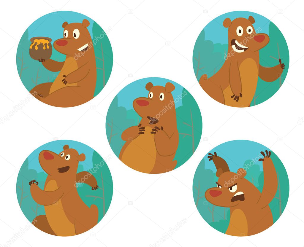 Set of five round blue-green frames with cute brown bears