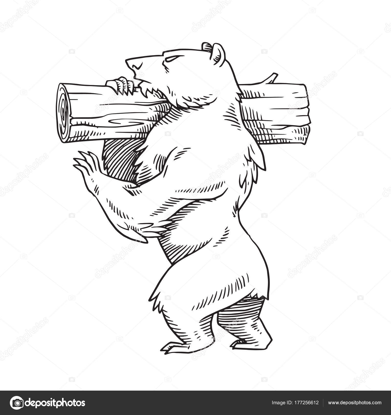 Heraldic bear with a log on his shoulder, monochrome style Stock