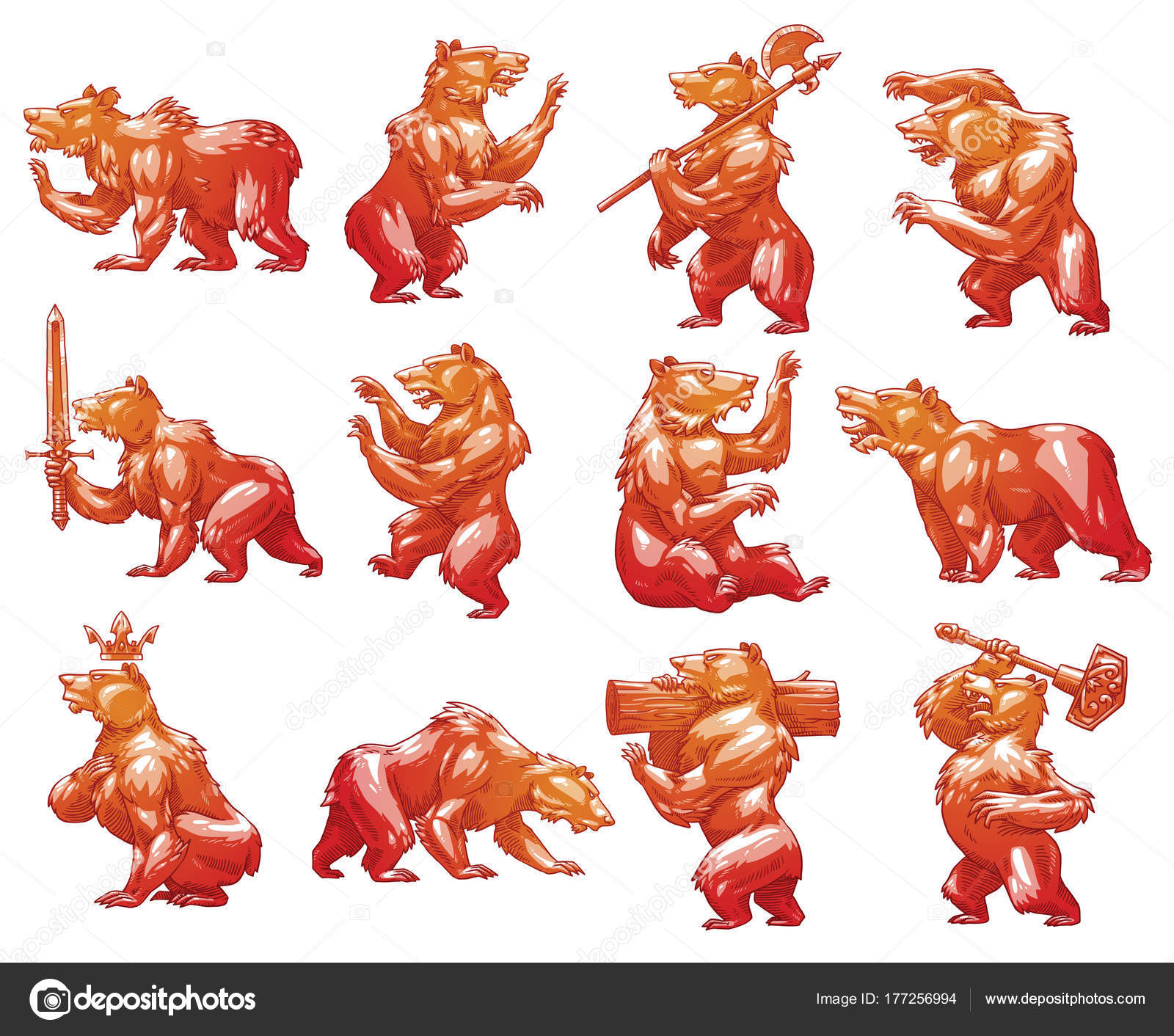 Set of twelve heraldic bears, color image Stock Vector by