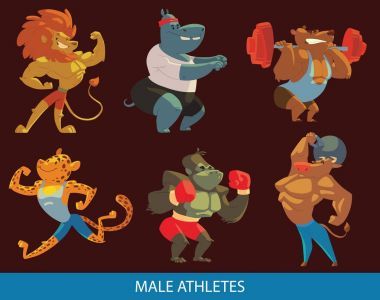 Spor salonunda komik erkek hayvanlar kümesi