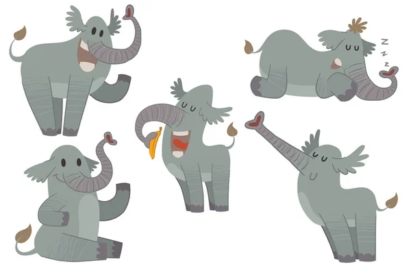 Набір з п'яти смішних сірих слонів — стоковий вектор