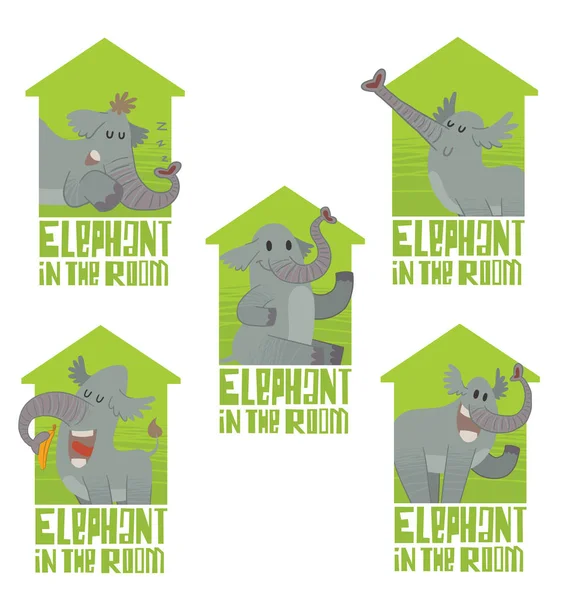 Σύνολο των πέντε σπίτι εμβλήματα με αστεία γκρι ελέφαντες — Διανυσματικό Αρχείο