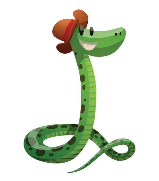 Funny green snake with a small brown-red hat — Stock Vector