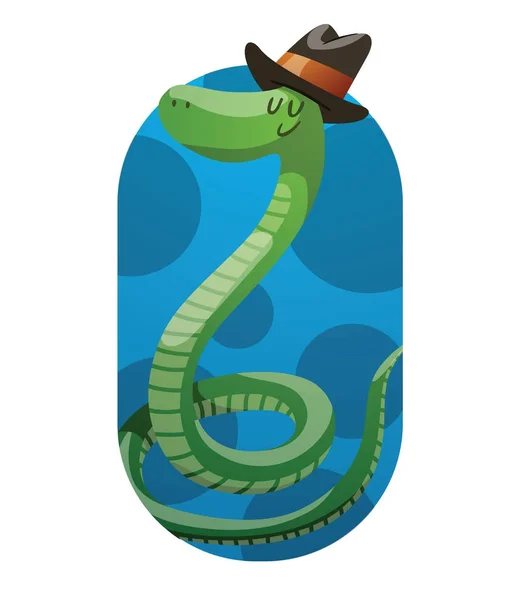 Frame, funny green snake with a black-brown hat — Stock Vector