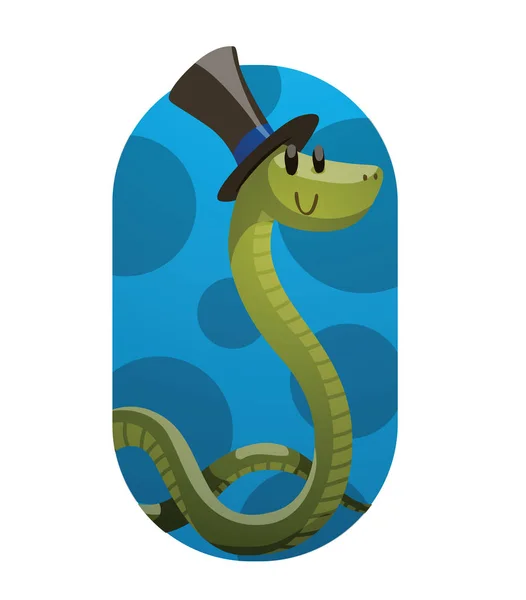 Rama, zabawny zielony wąż z cylindrem czarno niebieski — Wektor stockowy