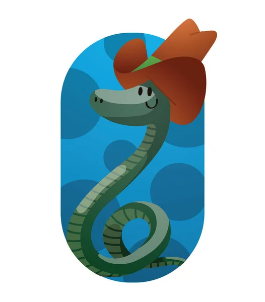 Frame, funny green snake with a big brown cowboy hat — Stock Vector