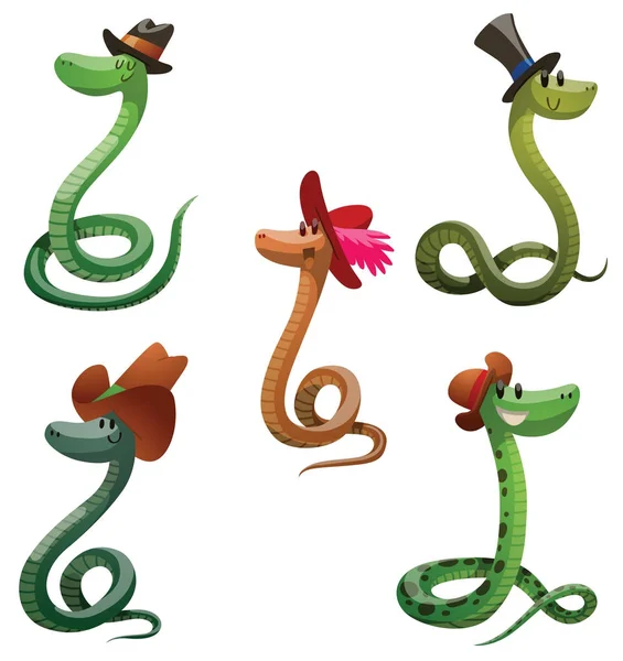 Set of funny snakes with different hats — Stock Vector