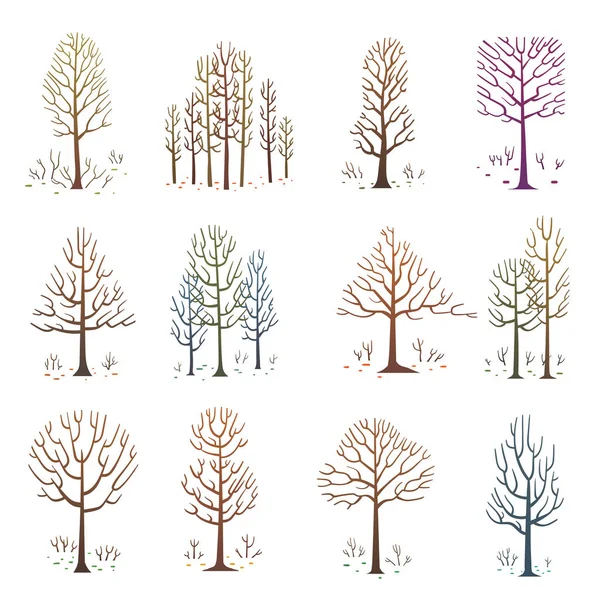 Conjunto de várias árvores nuas sem folhas — Vetor de Stock