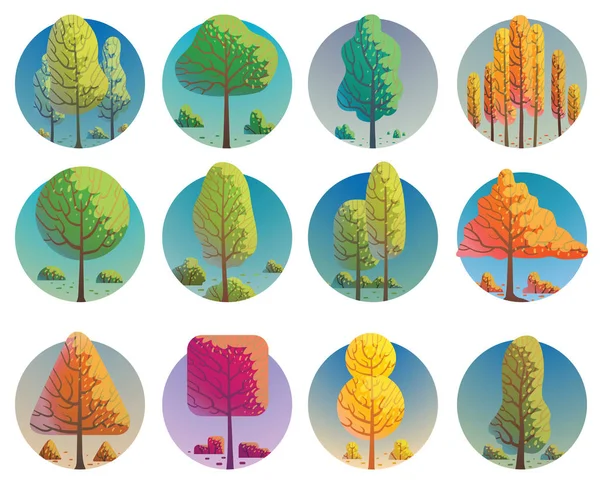 Conjunto de etiquetas redondas com várias árvores — Vetor de Stock