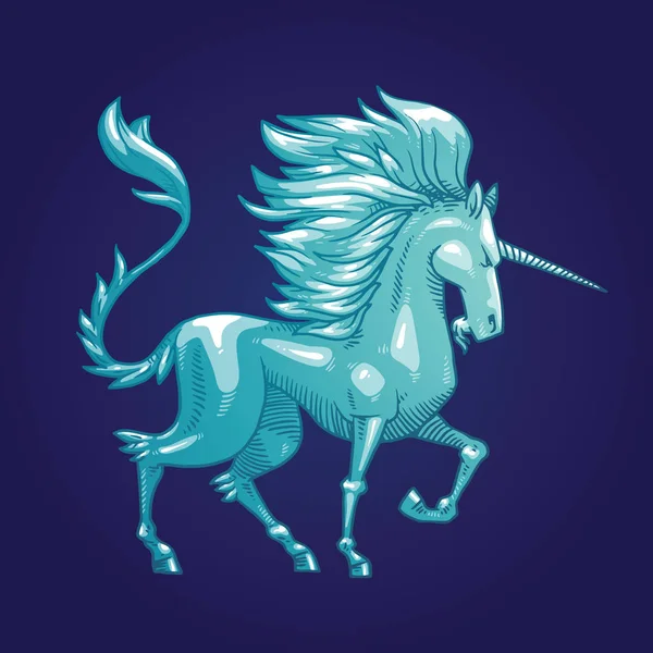 Heraldic unicorn belok kanan dengan kepala menunduk, gambar warna - Stok Vektor