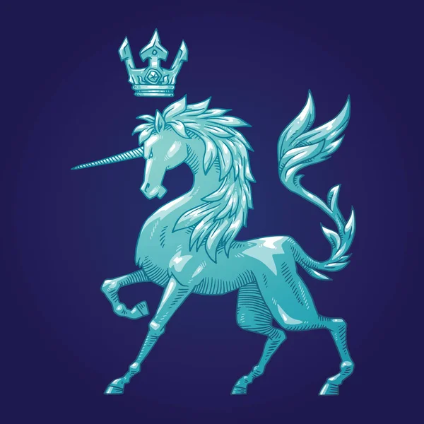 Unicorn heraldik dengan mahkota, gambar warna - Stok Vektor