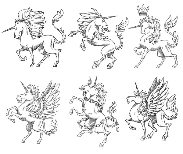Set di sei unicorni araldici, in stile monocromatico — Vettoriale Stock
