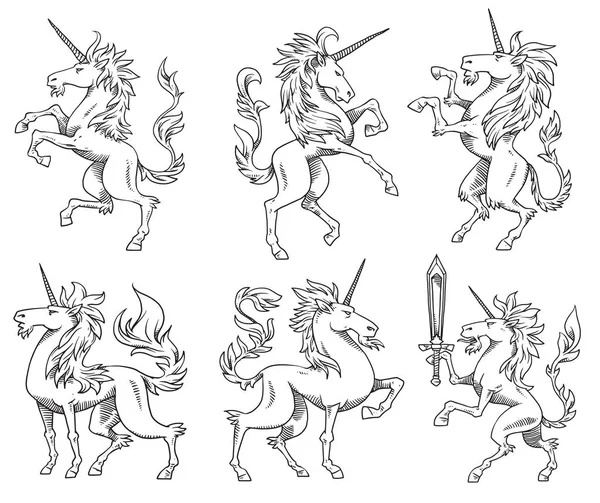 Set di unicorni araldici, in stile monocromatico — Vettoriale Stock