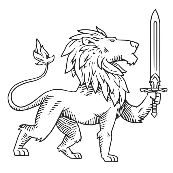 Геральдический лев повернул направо с мечом в монохромном стиле — стоковый вектор