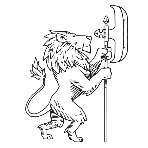 León heráldico girado a la derecha con alabarda, estilo monocromo — Archivo Imágenes Vectoriales
