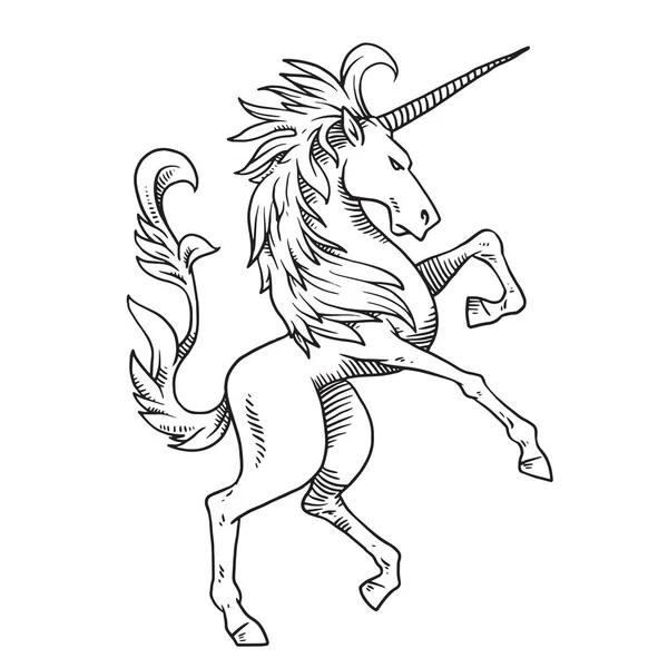 Heraldic unicorn belok kanan, gaya monokrom - Stok Vektor