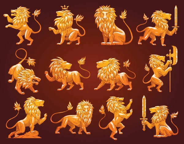 Набор из двенадцати золотых геральдических львов, цветное изображение — стоковый вектор