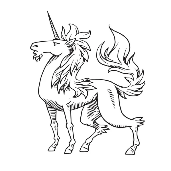 Unicorn heraldik melihat ke kiri, gaya monokrom - Stok Vektor