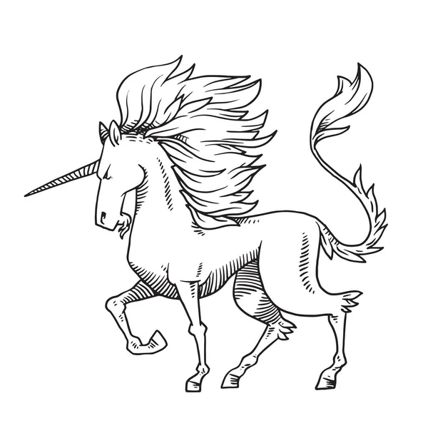 Unicorno araldico girare a sinistra con la testa piegata, in stile monocromatico — Vettoriale Stock