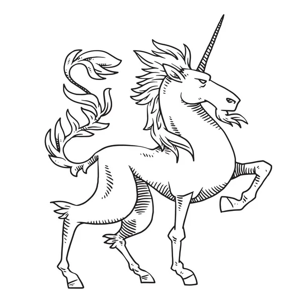Unicornio heráldico mirando a la derecha, estilo monocromo — Vector de stock