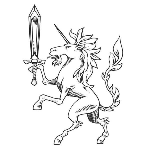 Unicorn heraldik dengan pedang, gaya monokrom - Stok Vektor