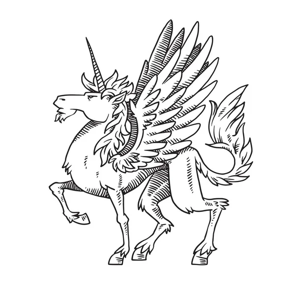 Unicorn heraldik dengan sayap ke kiri, gaya monokrom - Stok Vektor