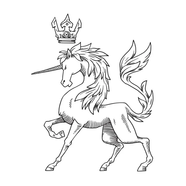 Unicorn heraldik dengan mahkota, gaya monokrom - Stok Vektor