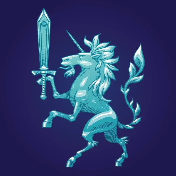Unicorno araldico con spada, immagine a colori — Vettoriale Stock