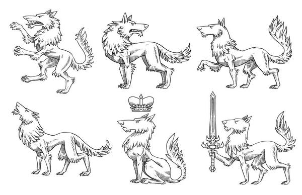 紋章のオオカミ、モノクロ スタイルのセット — ストックベクタ