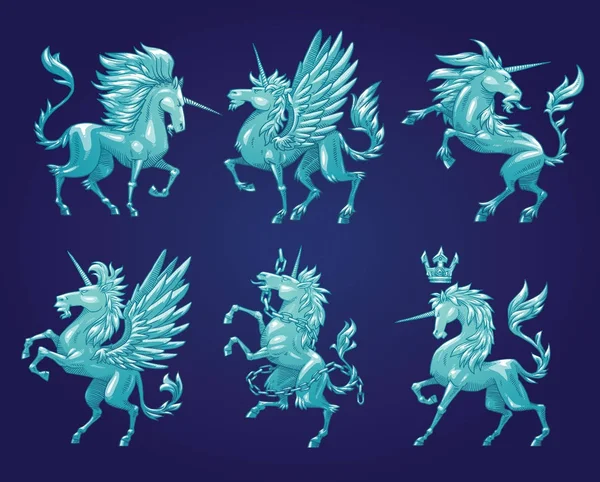 Set de seis unicornios heráldicos, imagen en color — Archivo Imágenes Vectoriales