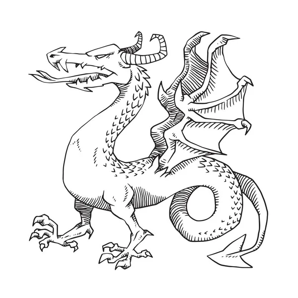 Dragón heráldico con cuerpo de serpiente gire a la izquierda, estilo monocromo — Vector de stock