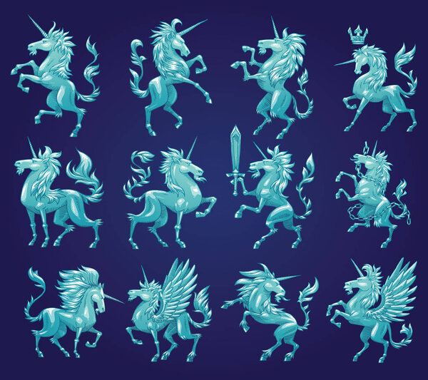 Set of twelve heraldic unicorns, color image