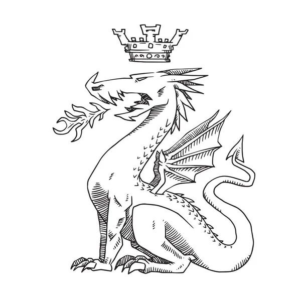 Dragón heráldico con corona, estilo monocromo — Vector de stock