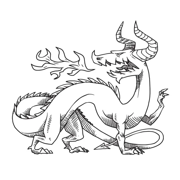 Heraldyczne dragon skręcić w prawo, patrząc z tyłu jego s powrotem, monochromatyczny — Wektor stockowy