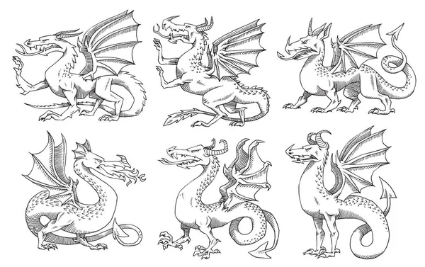A heraldikai sárkányok, fekete-fehér stílus készlet — Stock Vector