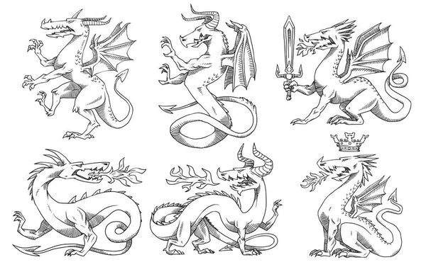 Set de seis dragones heráldicos, estilo monocromo — Vector de stock