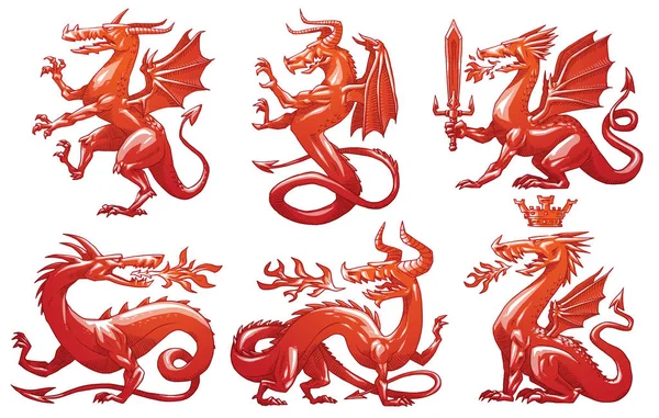 Set de seis dragones heráldicos, imagen en color — Vector de stock