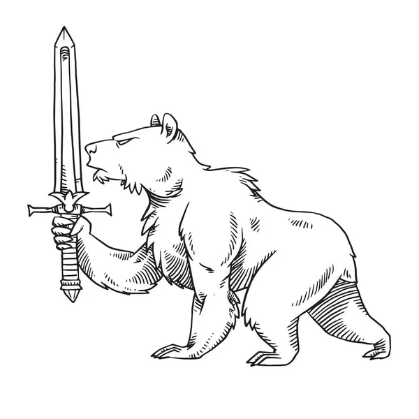 Urso heráldico com espada, estilo monocromático —  Vetores de Stock