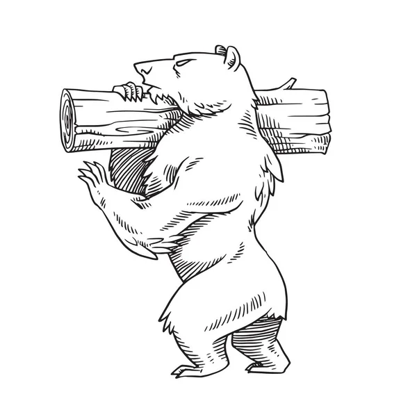 Heraldiska Björn med en logg på hans axel, svartvit stil — Stock vektor
