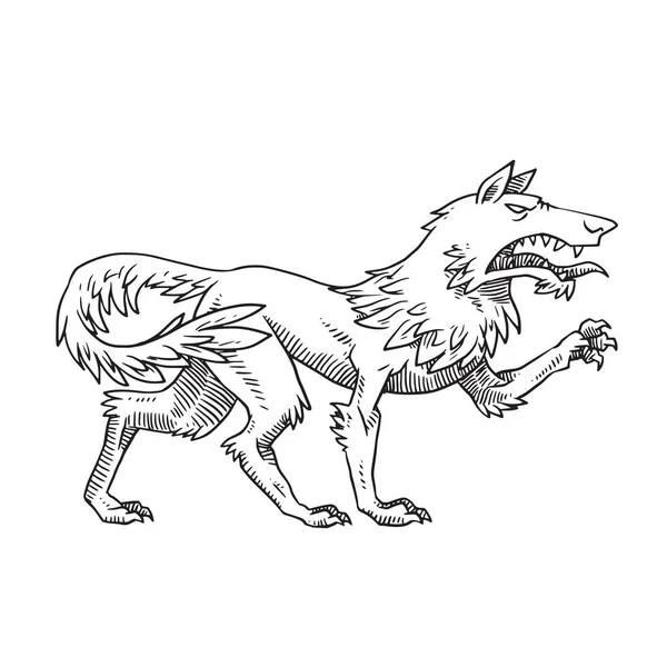 Lobo heráldico de pie girado a la derecha y gruñendo, orzuelo monocromo — Vector de stock