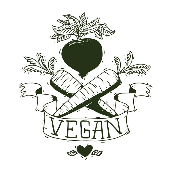 Emblema vegano, remolacha y zanahorias cruzadas, estilo monocromo — Vector de stock