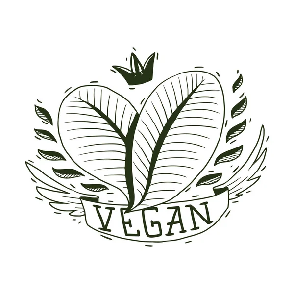 Emblema vegano, dos hojas, estilo monocromo — Vector de stock