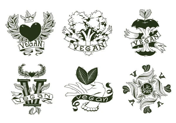 Conjunto de seis emblemas vegan, estilo monocromático — Vetor de Stock